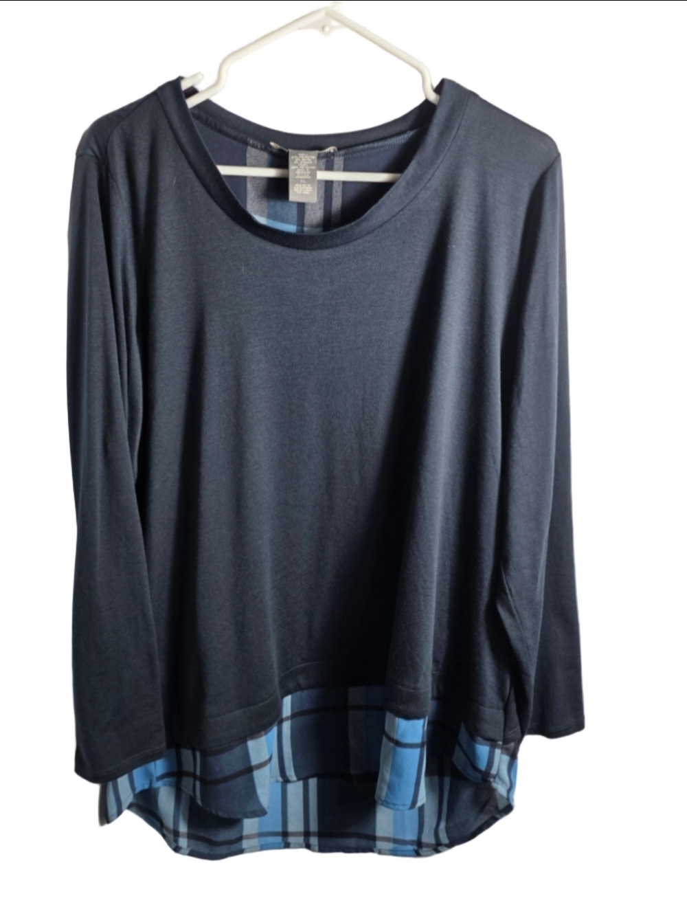 Women's Kate & Mallory Long Sleeve Tee XL Navy Blue Plaid Back Zip NWT cozy fall